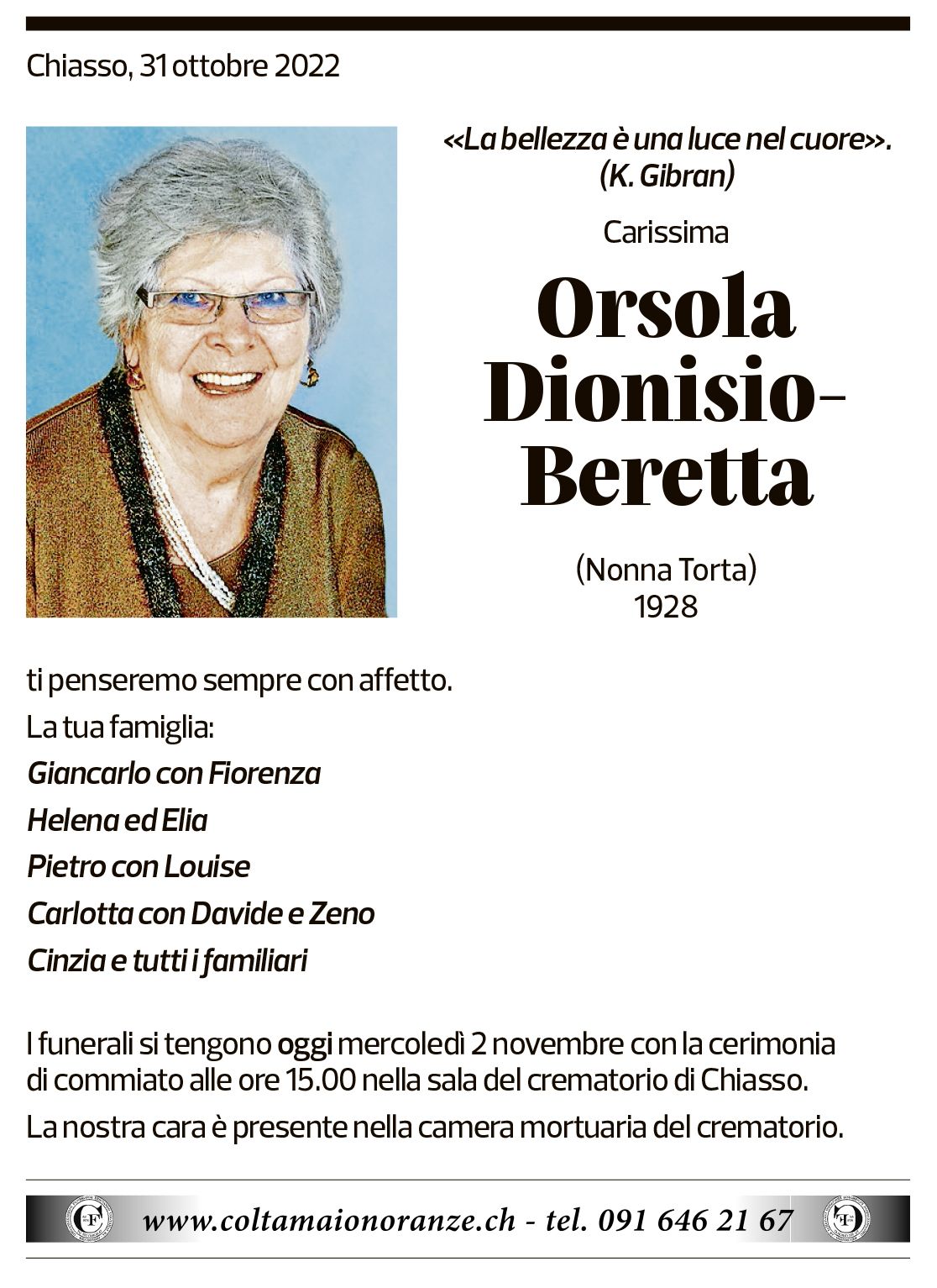 Annuncio funebre Orsola Dionisio-beretta