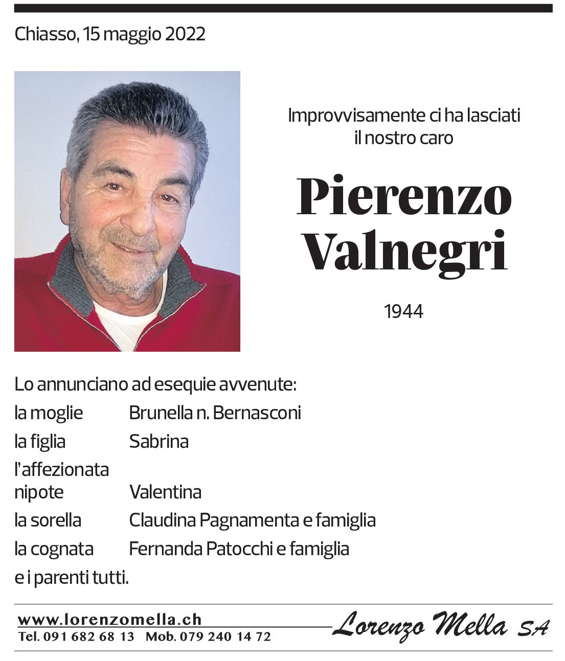 Annuncio funebre Pierenzo Valnegri