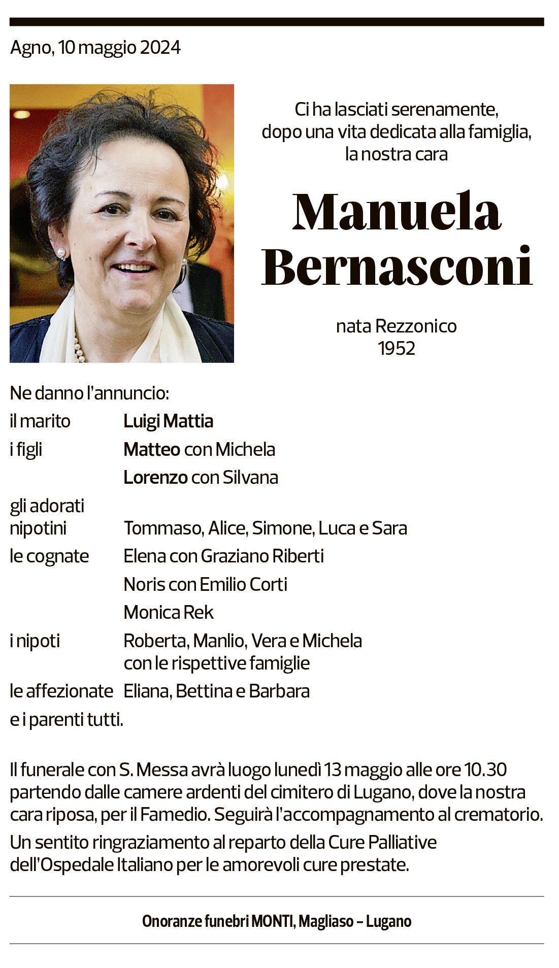 Annuncio funebre Manuela Bernasconi