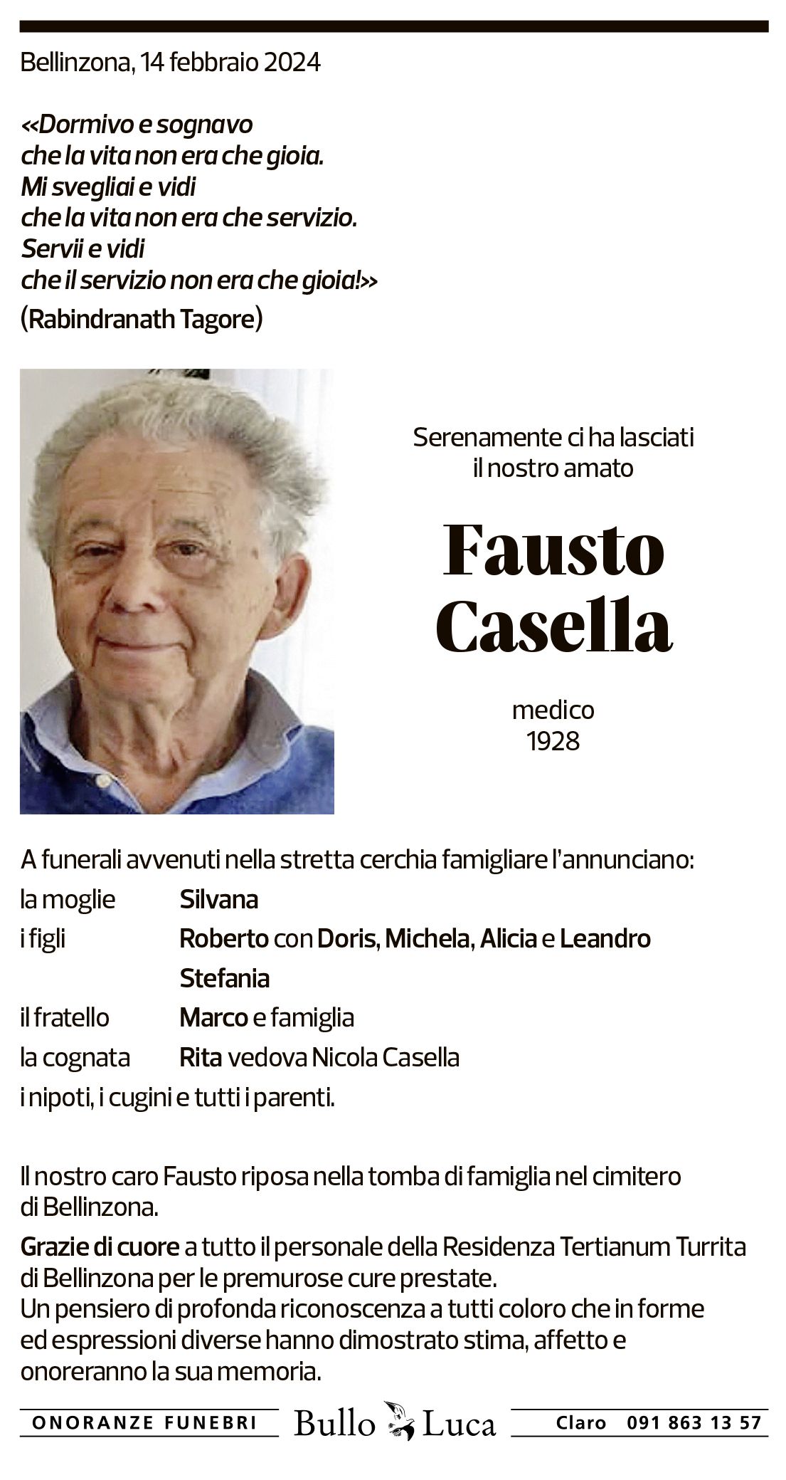 Annuncio funebre Fausto Casella