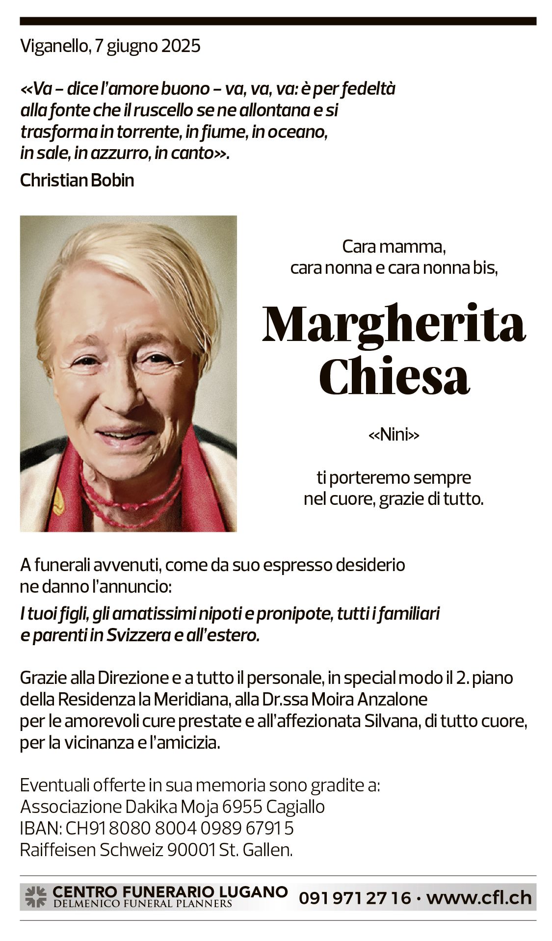 Annuncio funebre Margherita Chiesa