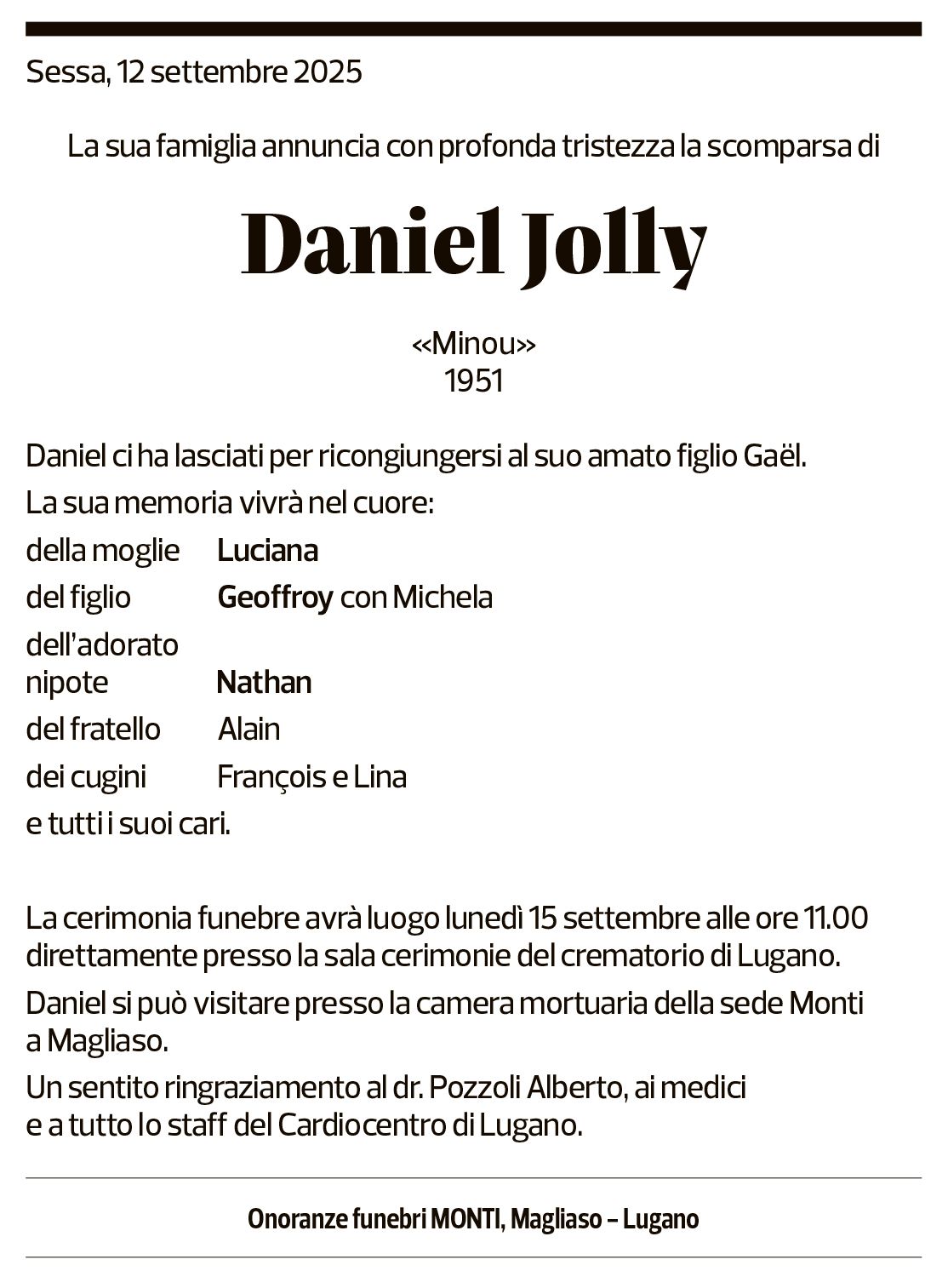 Annuncio funebre Daniel Jolly