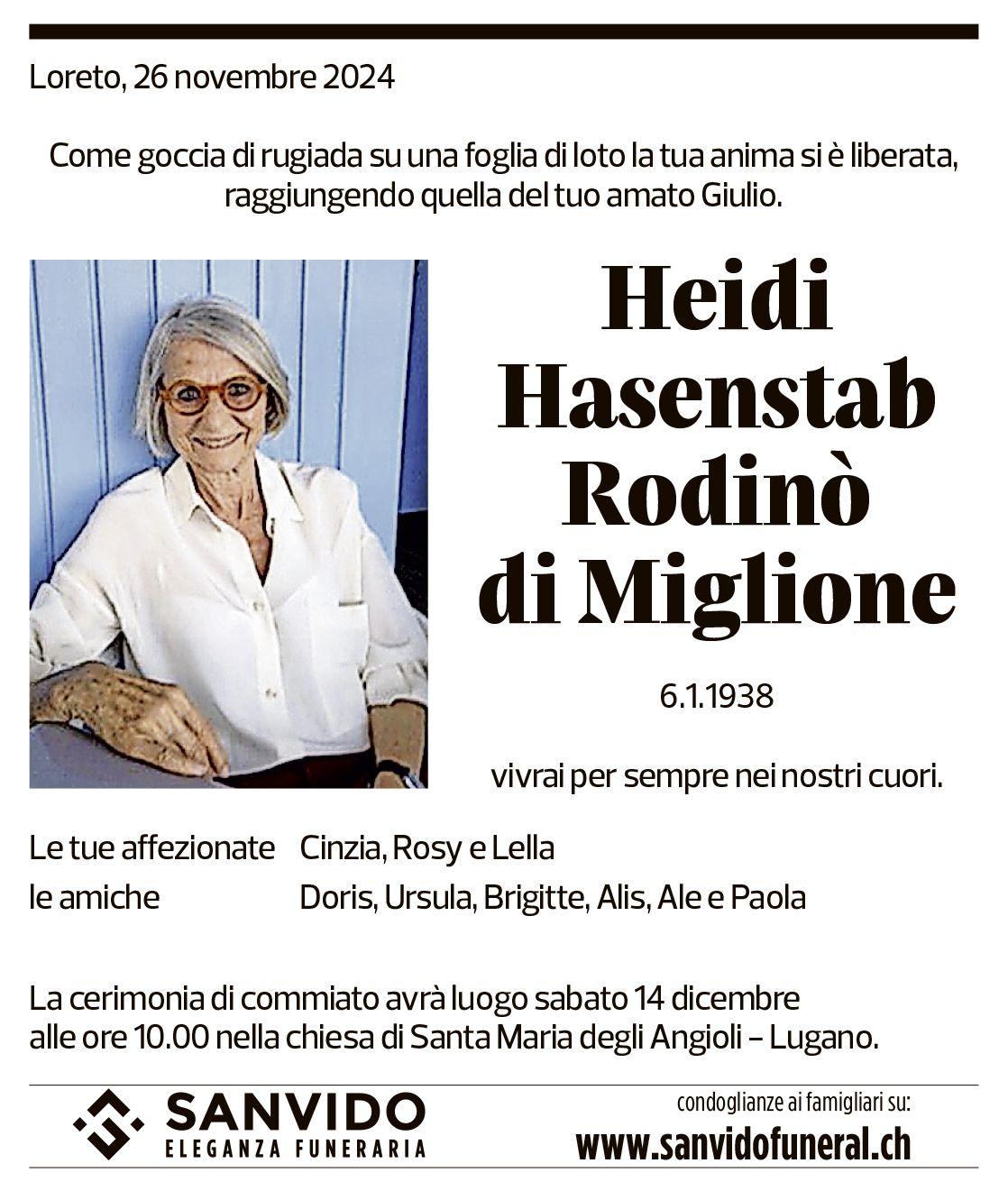 Annuncio funebre Heidi Hasenstab Rodinò