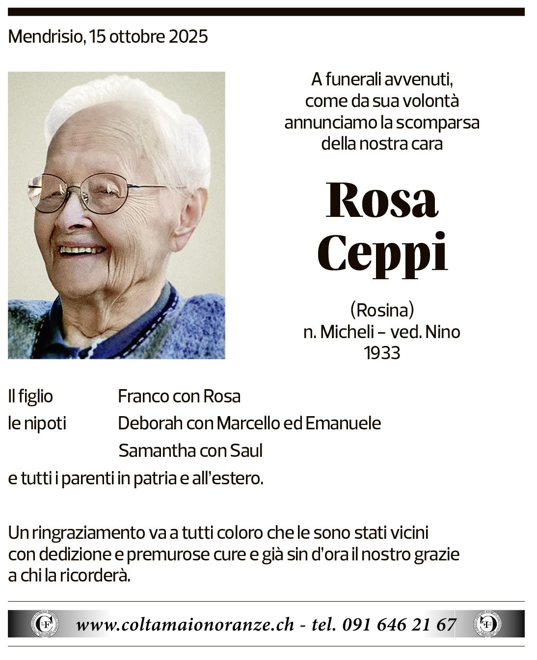 Annuncio funebre Rosa Ceppi