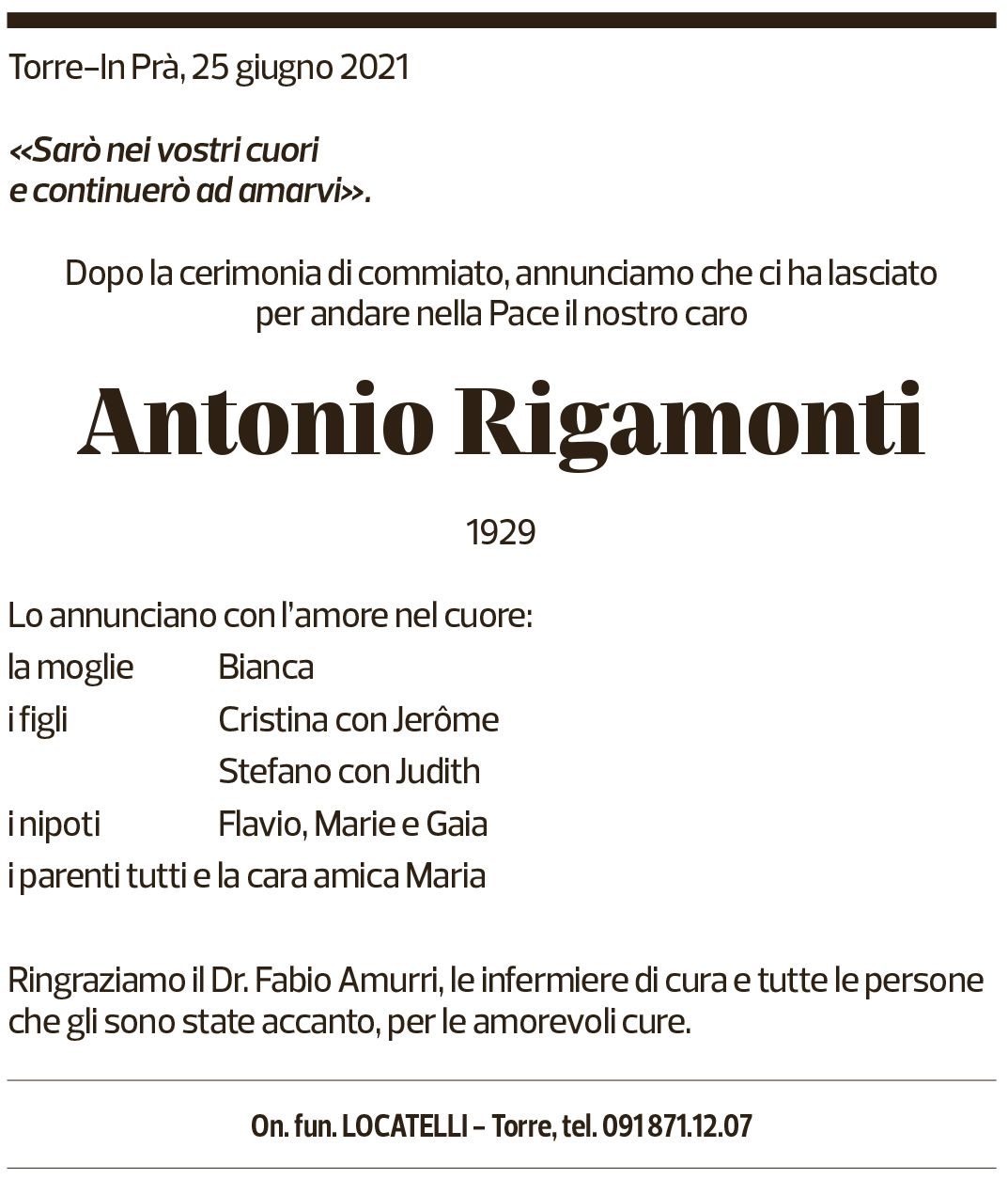 Annuncio funebre Antonio Rigamonti