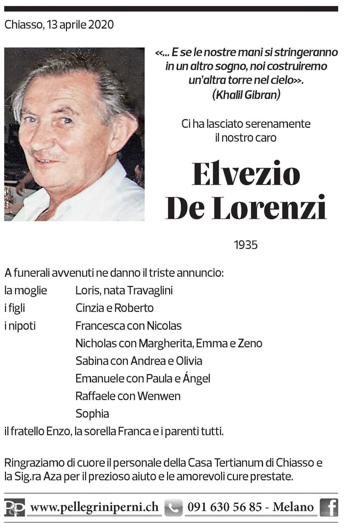 Annuncio funebre Elvezio De Lorenzi