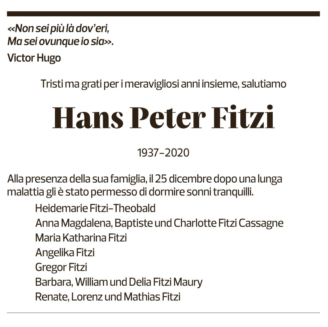 Annuncio funebre Hans Peter Fitzi
