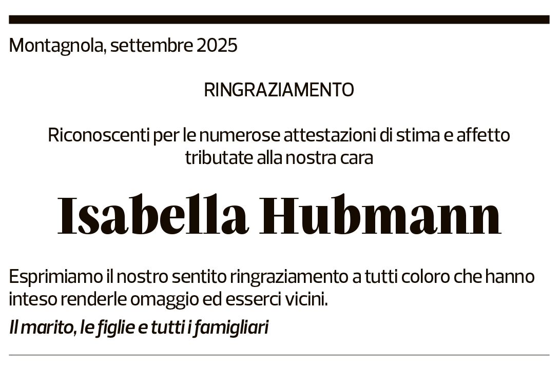 Annuncio funebre Isabella Hubmann
