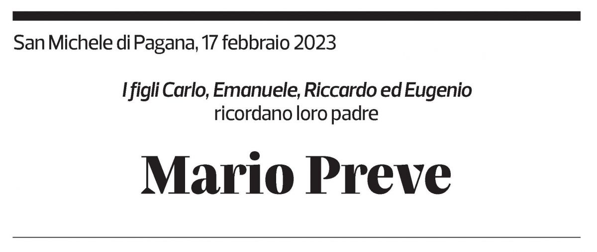 Annuncio funebre Mario Preve