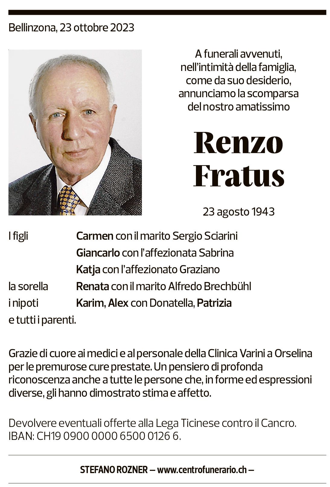 Annuncio funebre Renzo Fratus