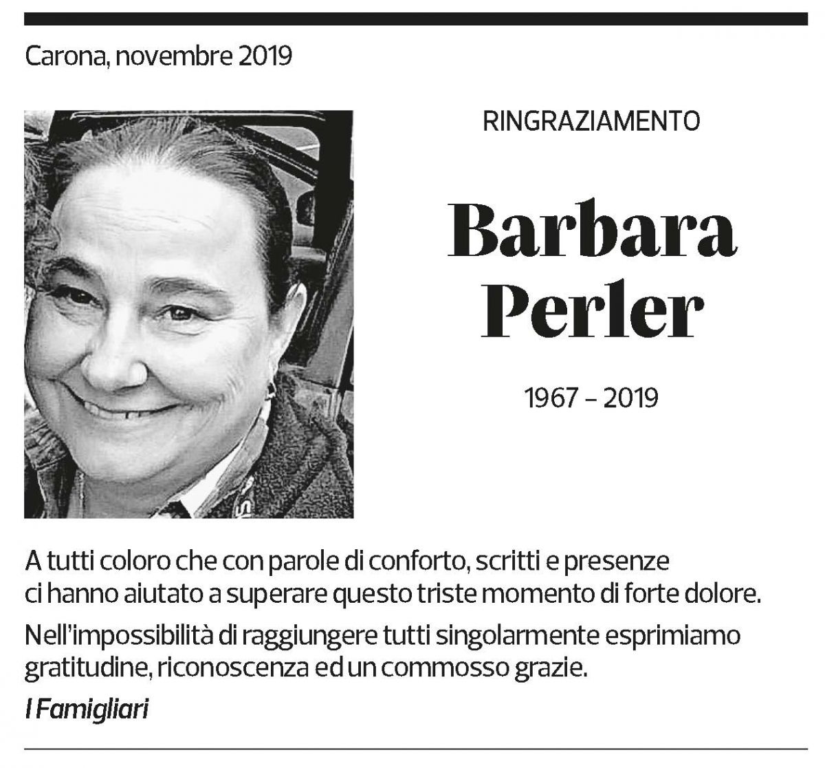Annuncio funebre Barbara Perler