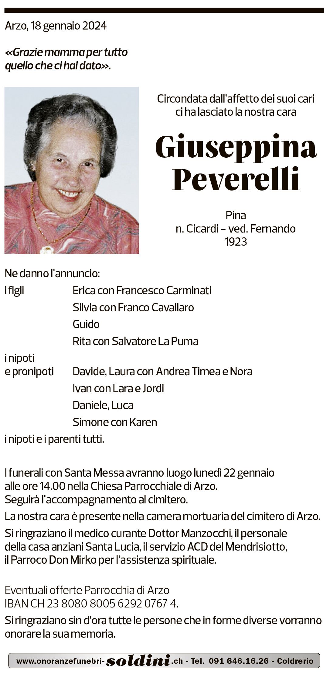 Annuncio funebre Giuseppina Peverelli