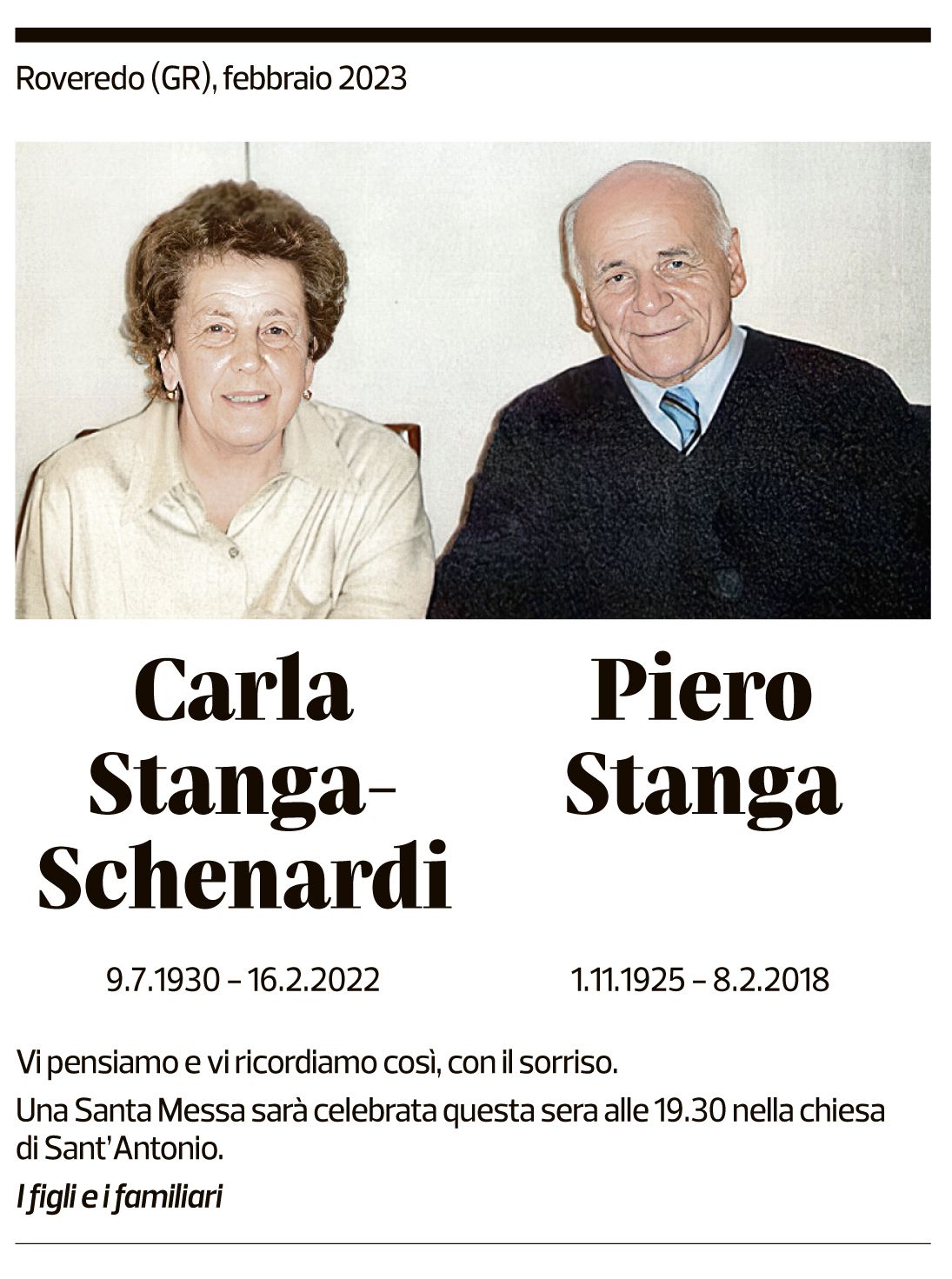 Annuncio funebre Carla Stanga-schenardi Piero Stanga