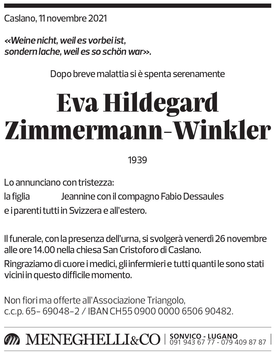 Annuncio funebre Eva Hildegard Zimmermann-winkler