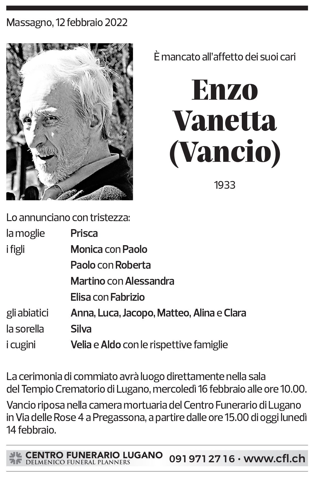 Annuncio funebre Enzo Vanetta