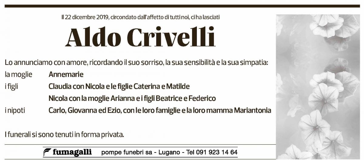 Annuncio funebre Aldo Crivelli