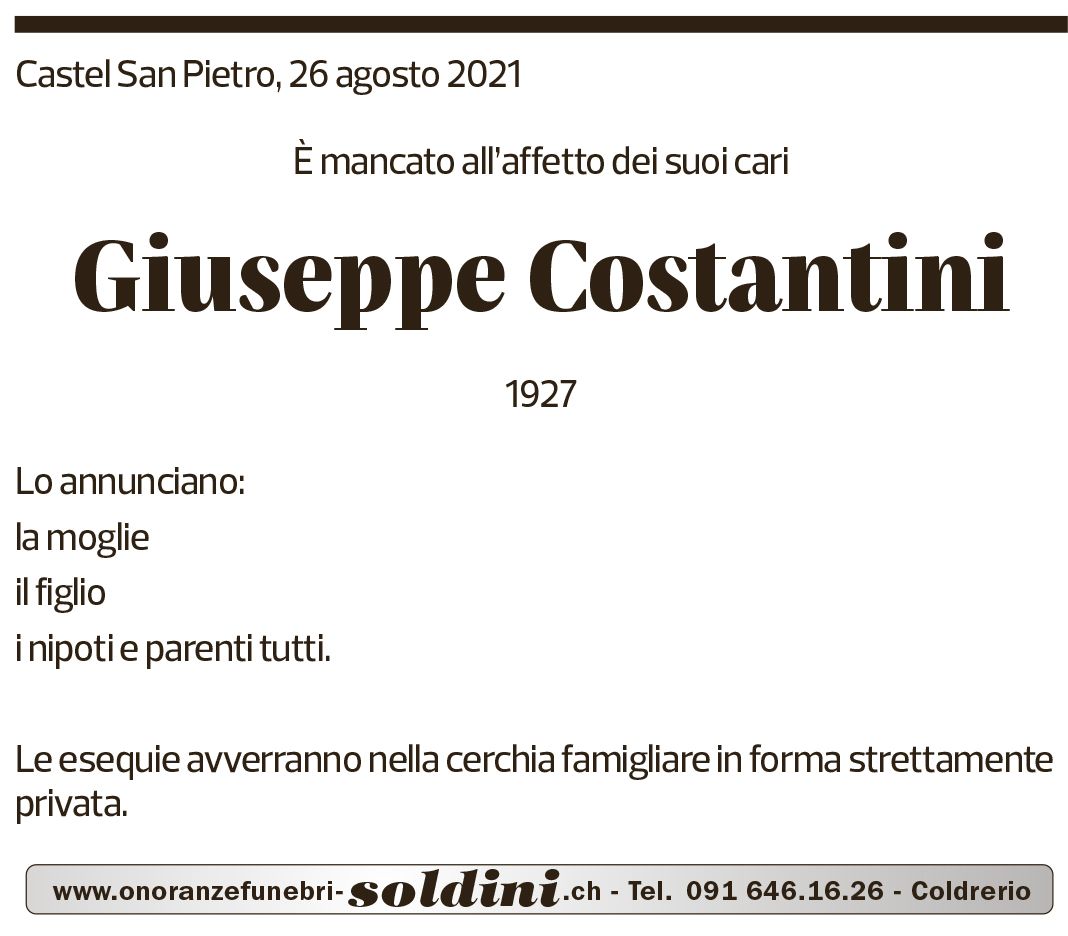 Annuncio funebre Giuseppe Costantini