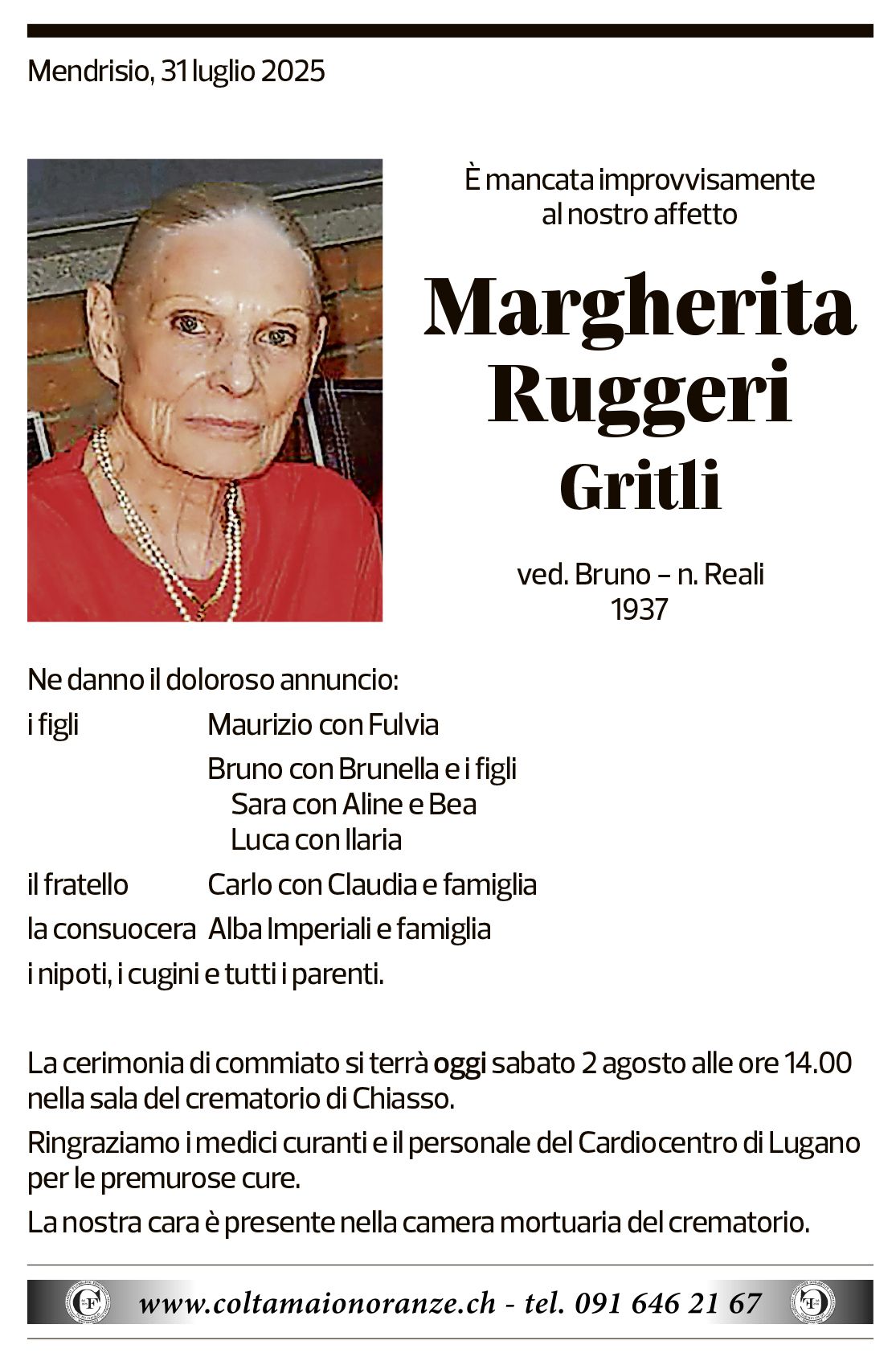 Annuncio funebre Margherita Ruggeri