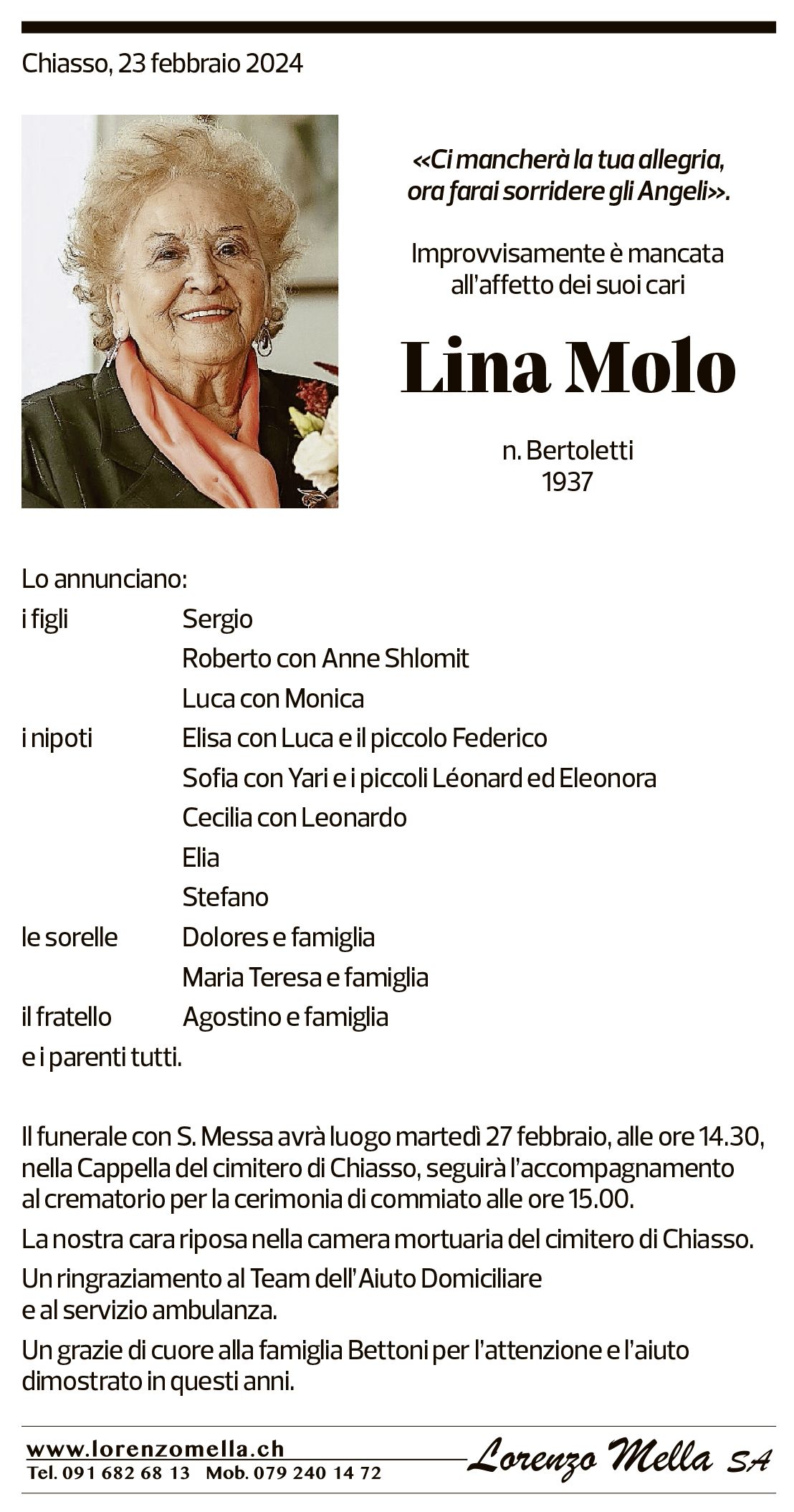 Annuncio funebre Lina Molo