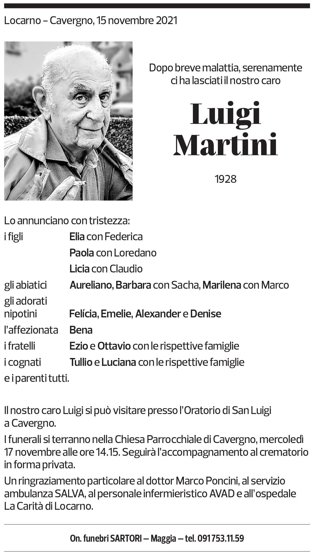 Annuncio funebre Luigi Martini