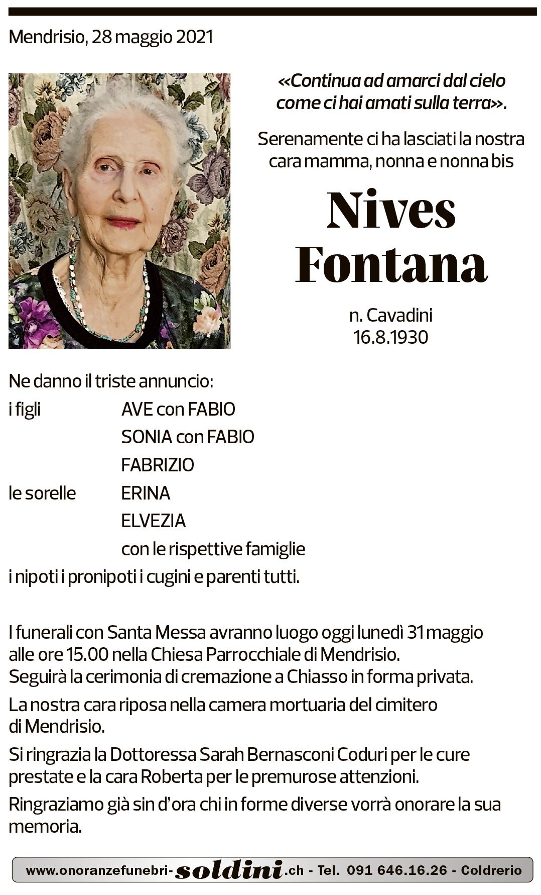 Annuncio funebre Nives Fontana