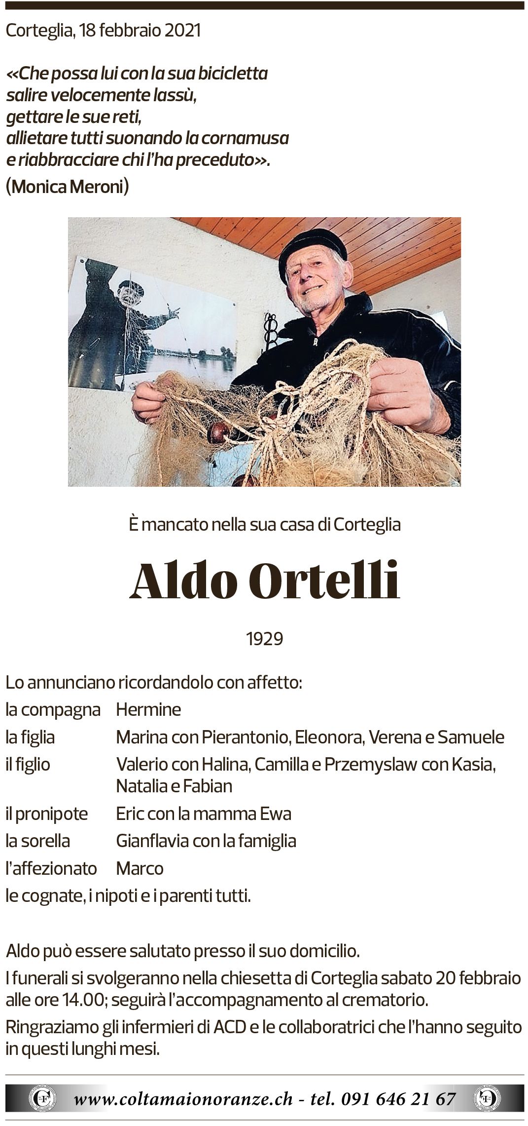 Annuncio funebre Aldo Ortelli