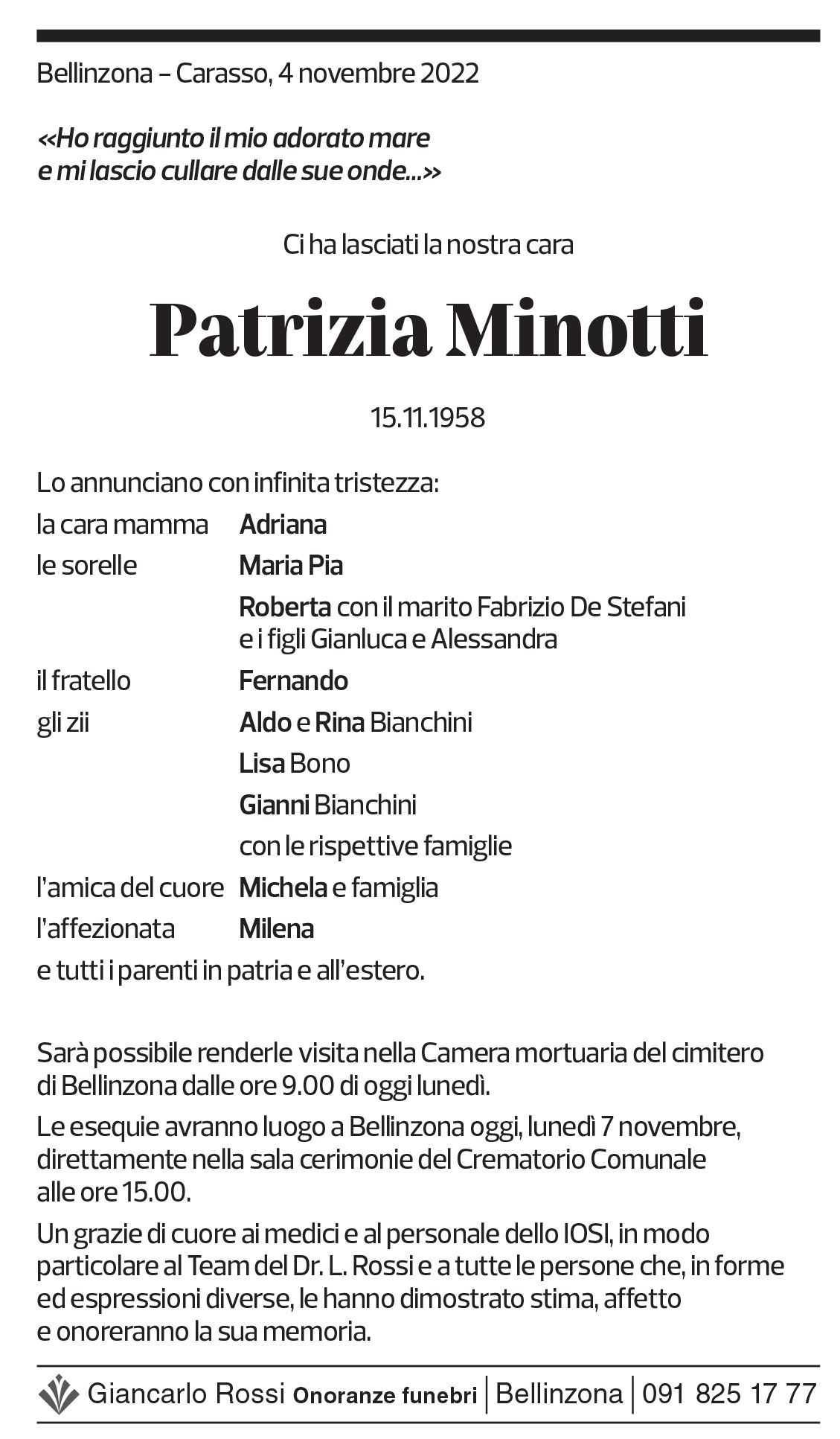 Annuncio funebre Patrizia Minotti