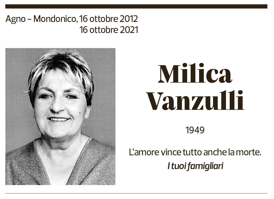 Annuncio funebre Milica Vanzulli