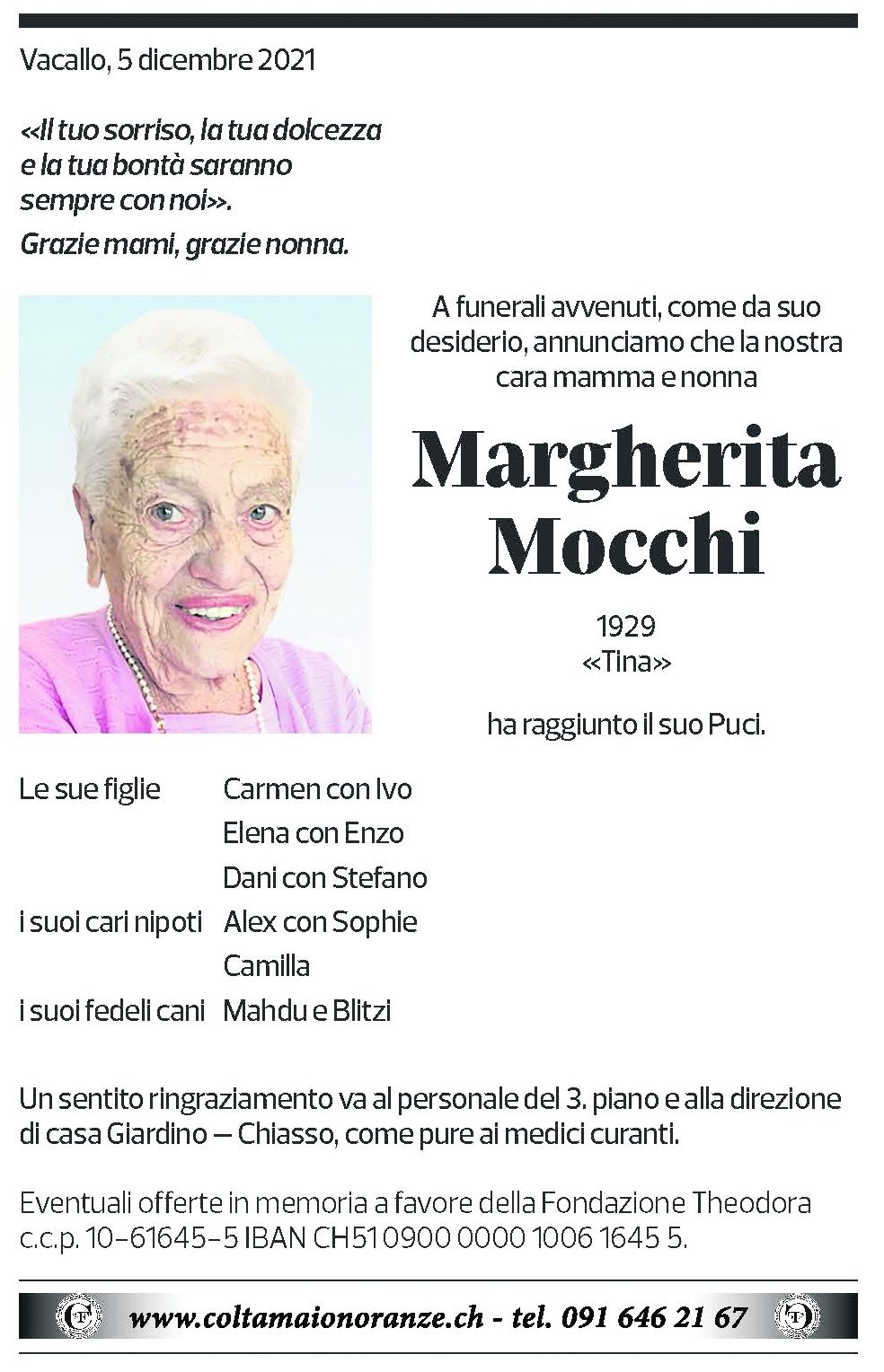 Annuncio funebre Margherita Mocchi