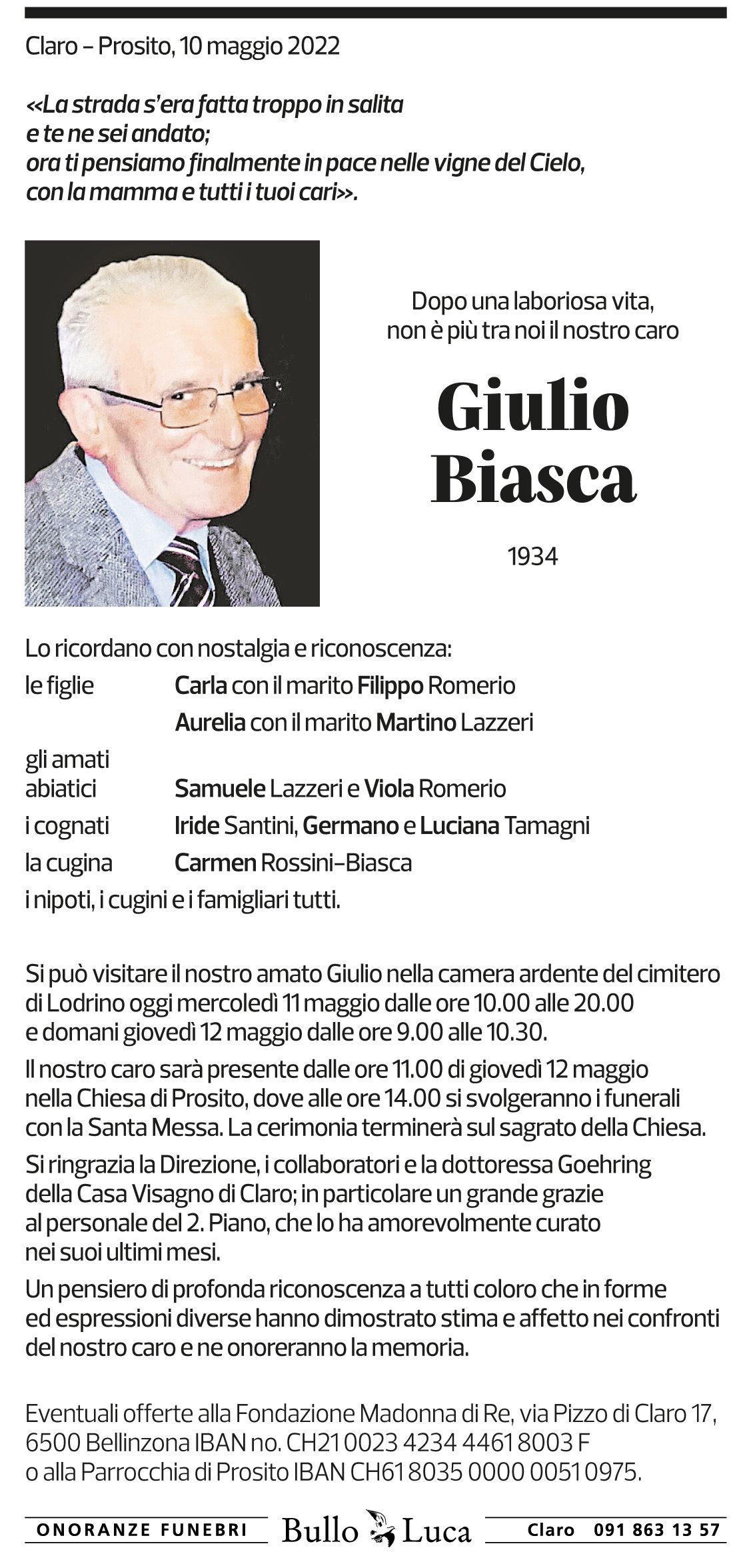 Annuncio funebre Giulio Biasca