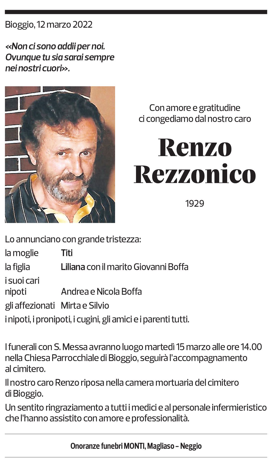 Annuncio funebre Renzo Rezzonico