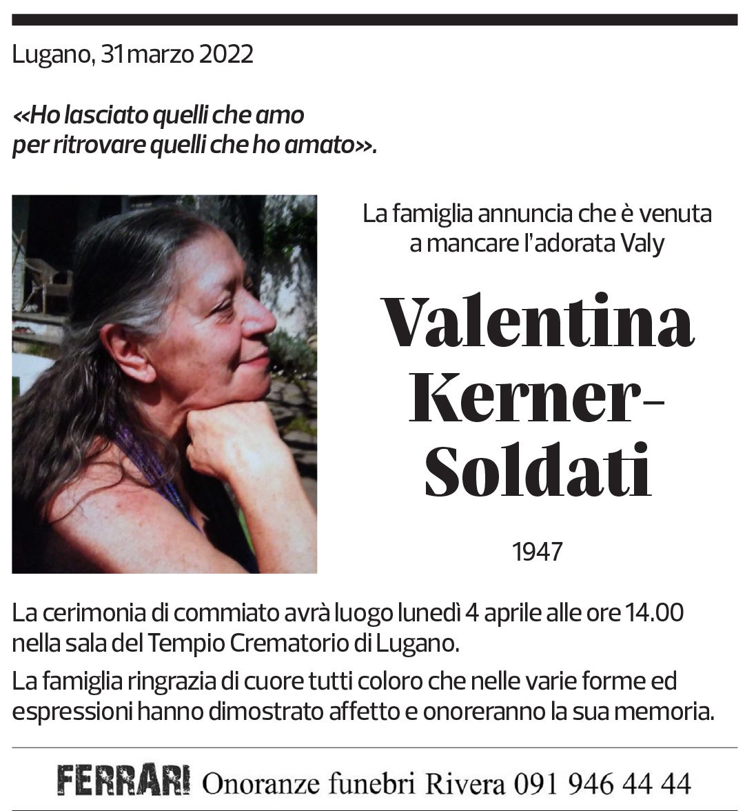 Annuncio funebre Valentina Kerner-soldati