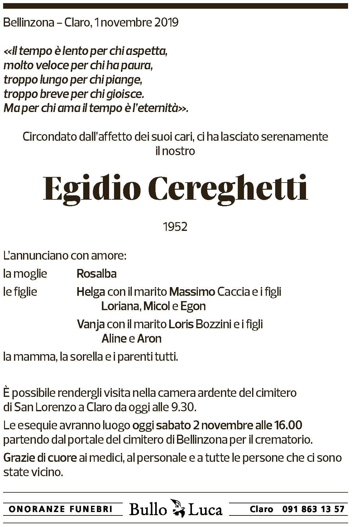 Annuncio funebre Egidio Cereghetti