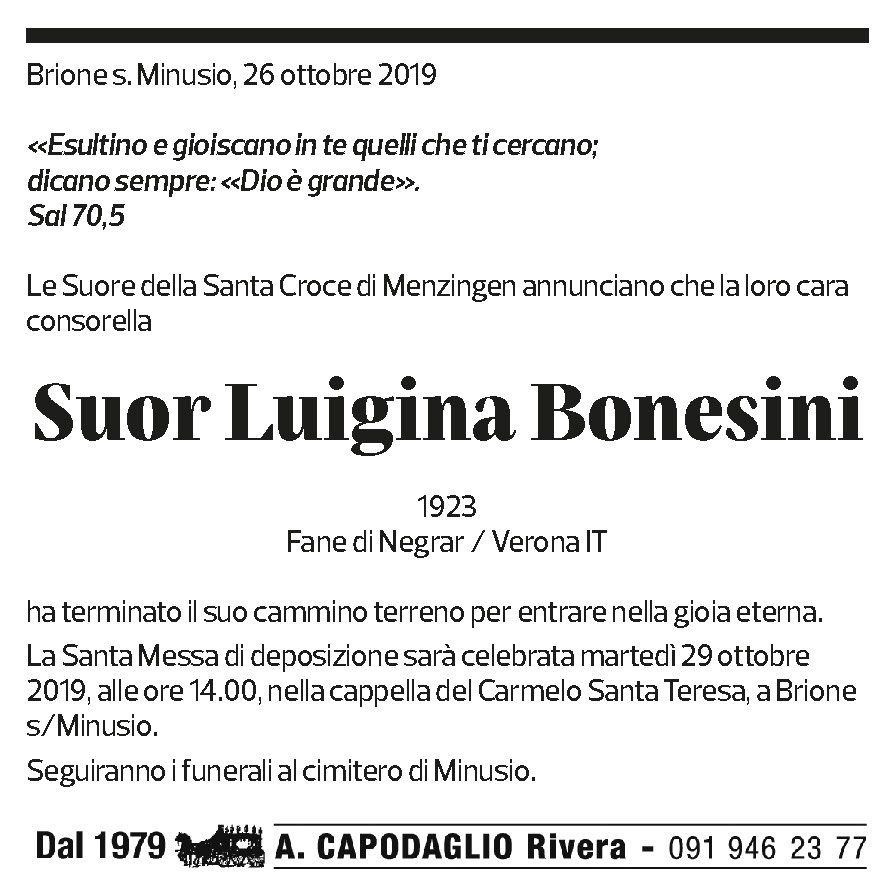 Annuncio funebre Luigina Bonesini