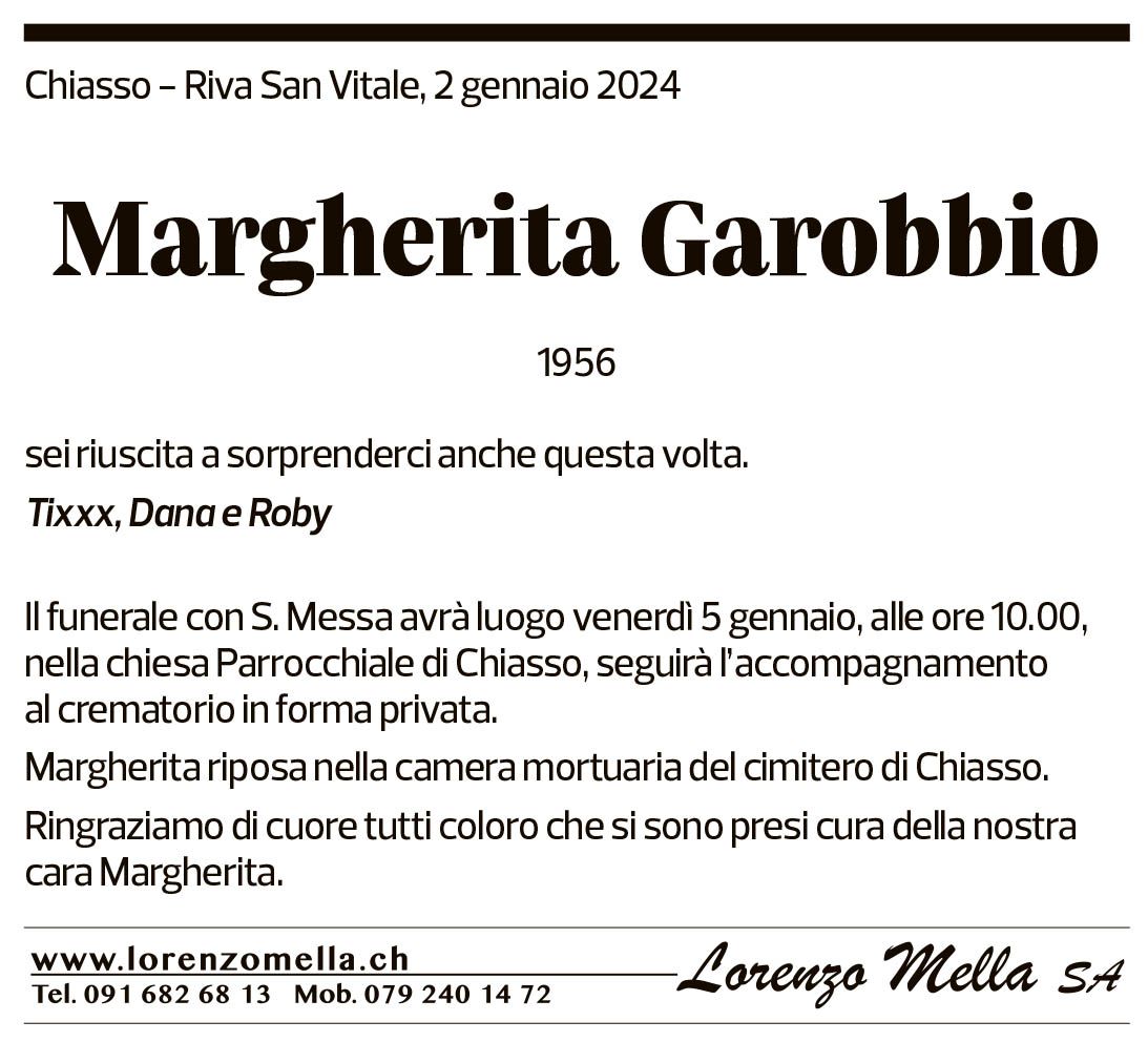 Annuncio funebre Margherita Garobbio