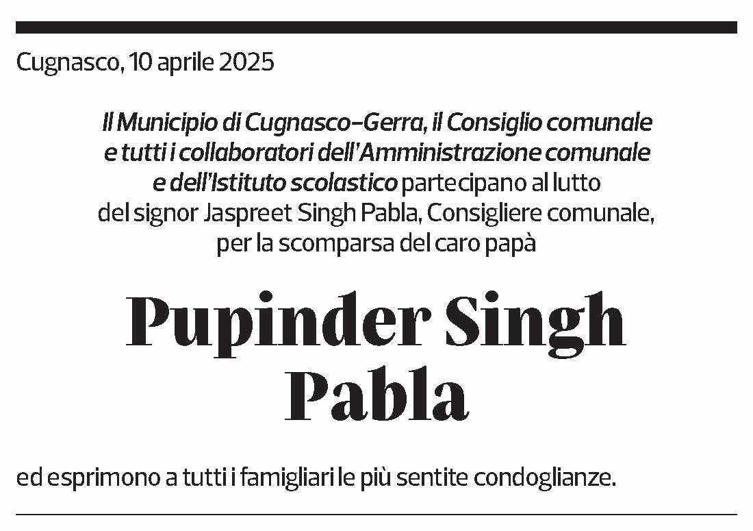 Annuncio funebre Pupinder Singh Pabla