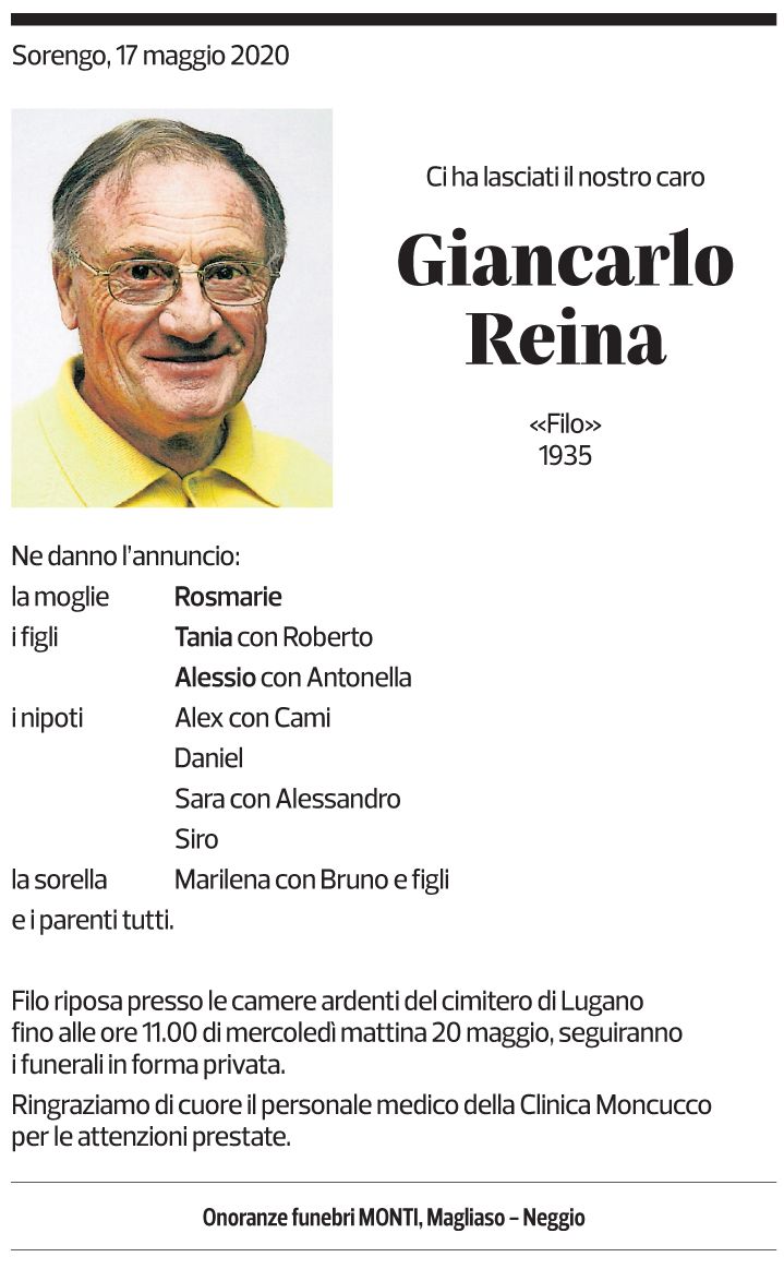 Annuncio funebre Giancarlo Reina