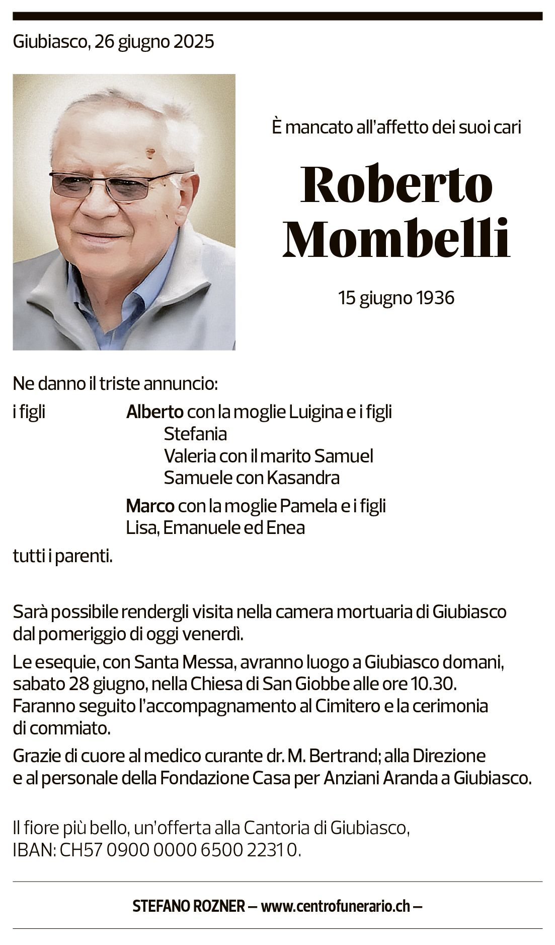 Annuncio funebre Roberto Mombelli