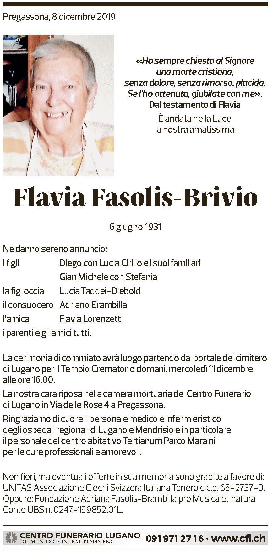 Annuncio funebre Flavia Fasolis-brivio