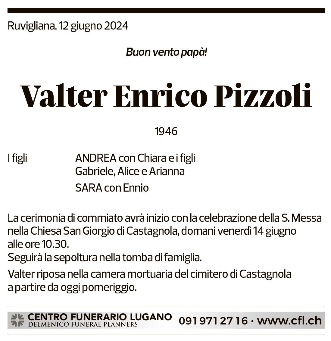 Annuncio funebre Valter Enrico Pizzoli