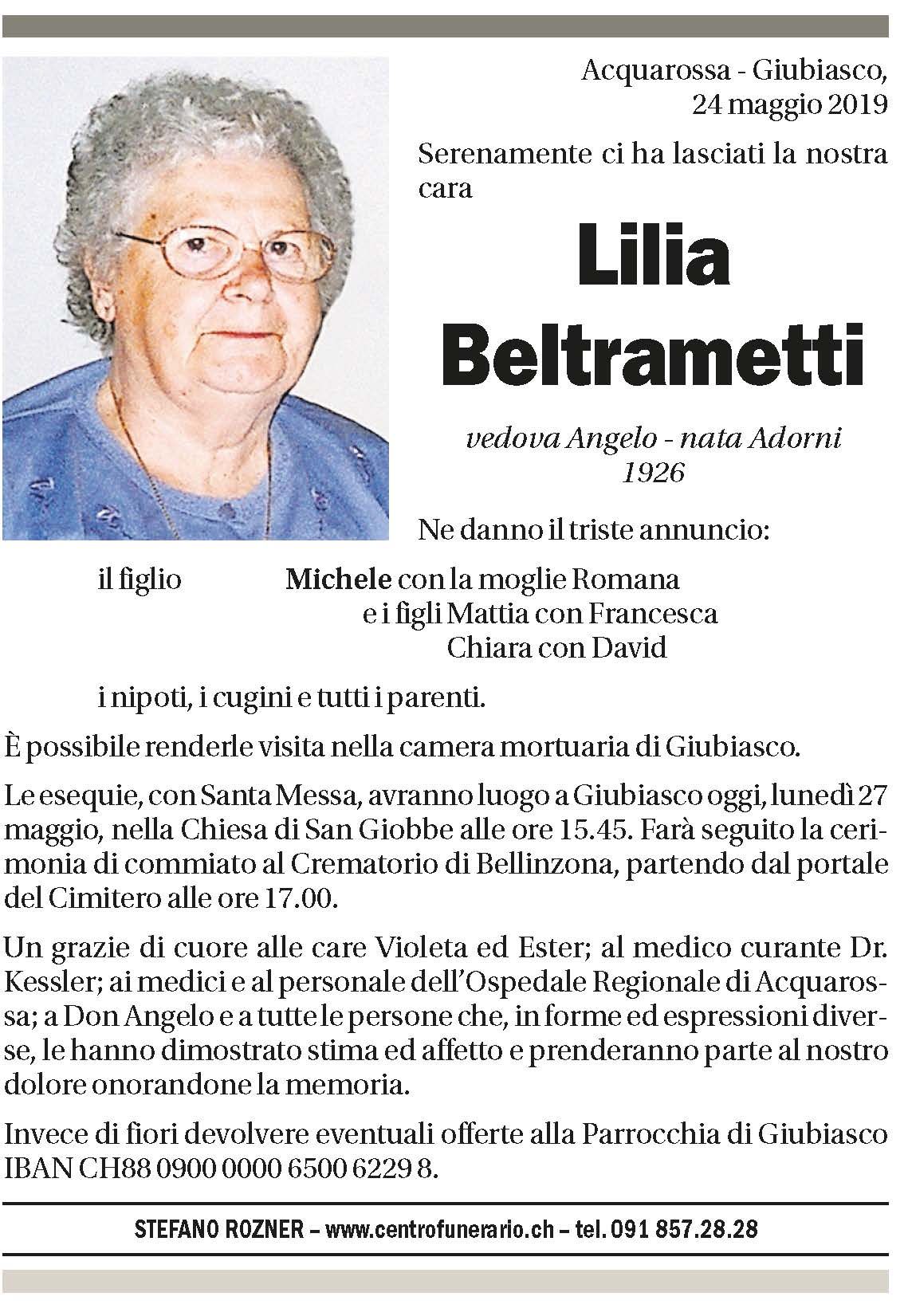 Annuncio funebre Lilia Beltrametti