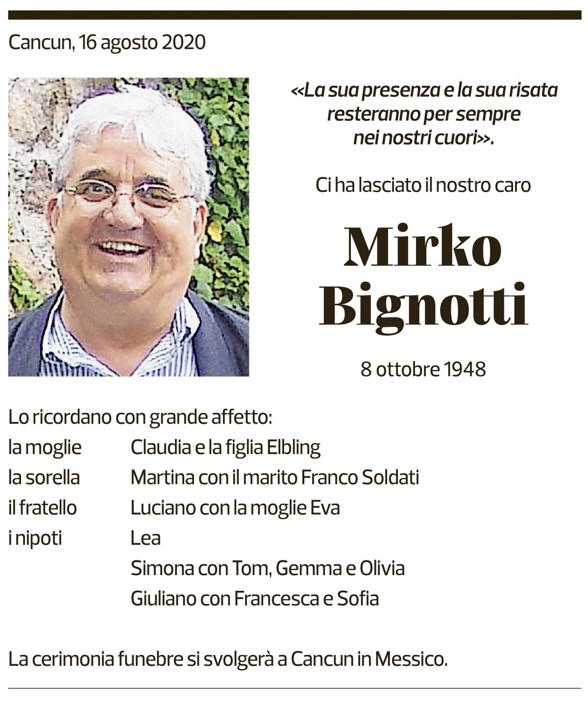 Annuncio funebre Mirko Bignotti