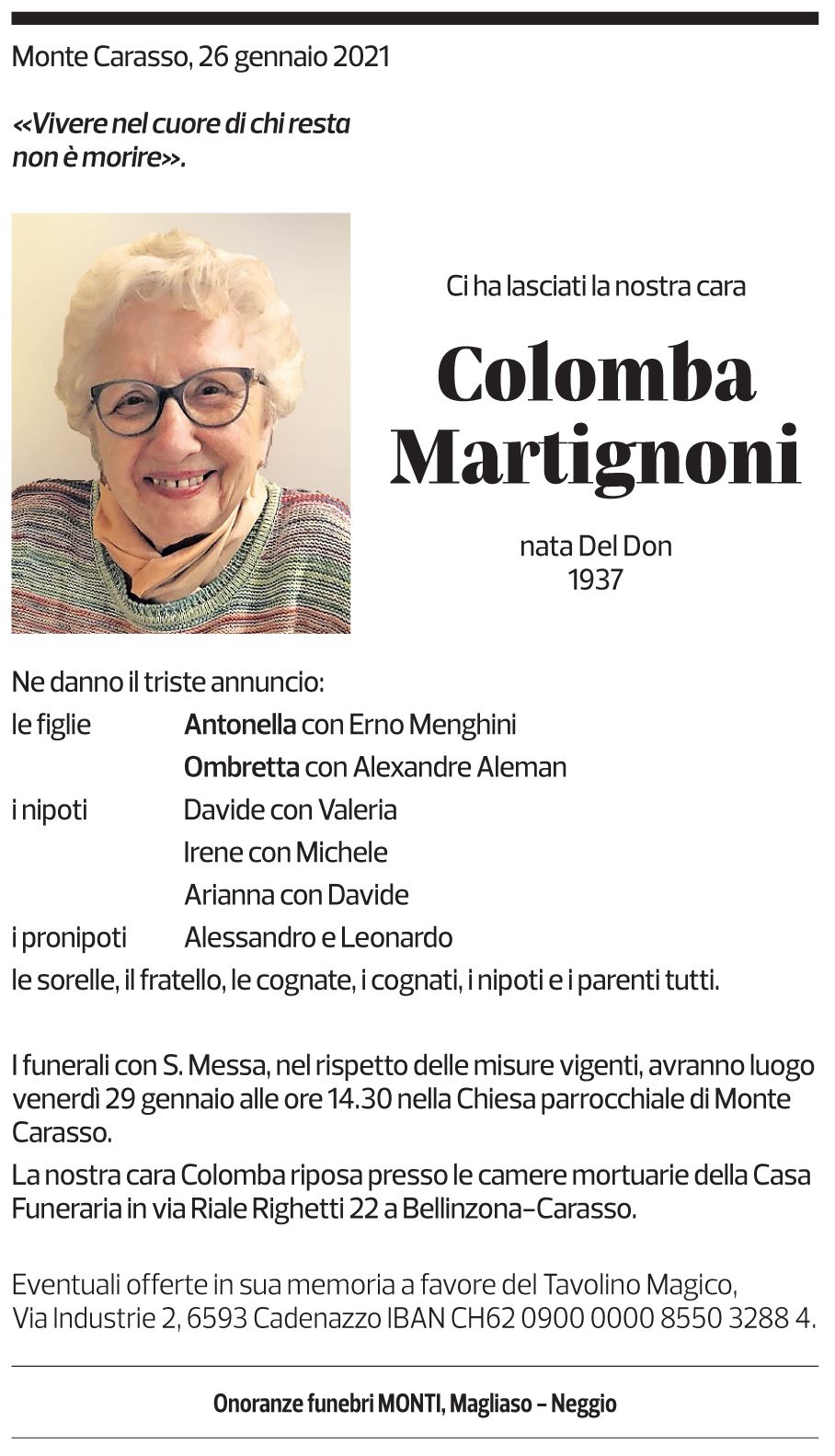 Annuncio funebre Colomba Martignoni