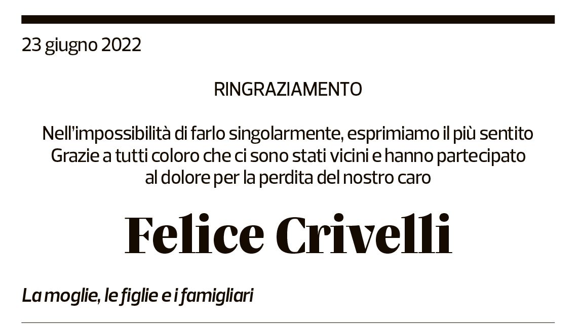 Annuncio funebre Felice Crivelli