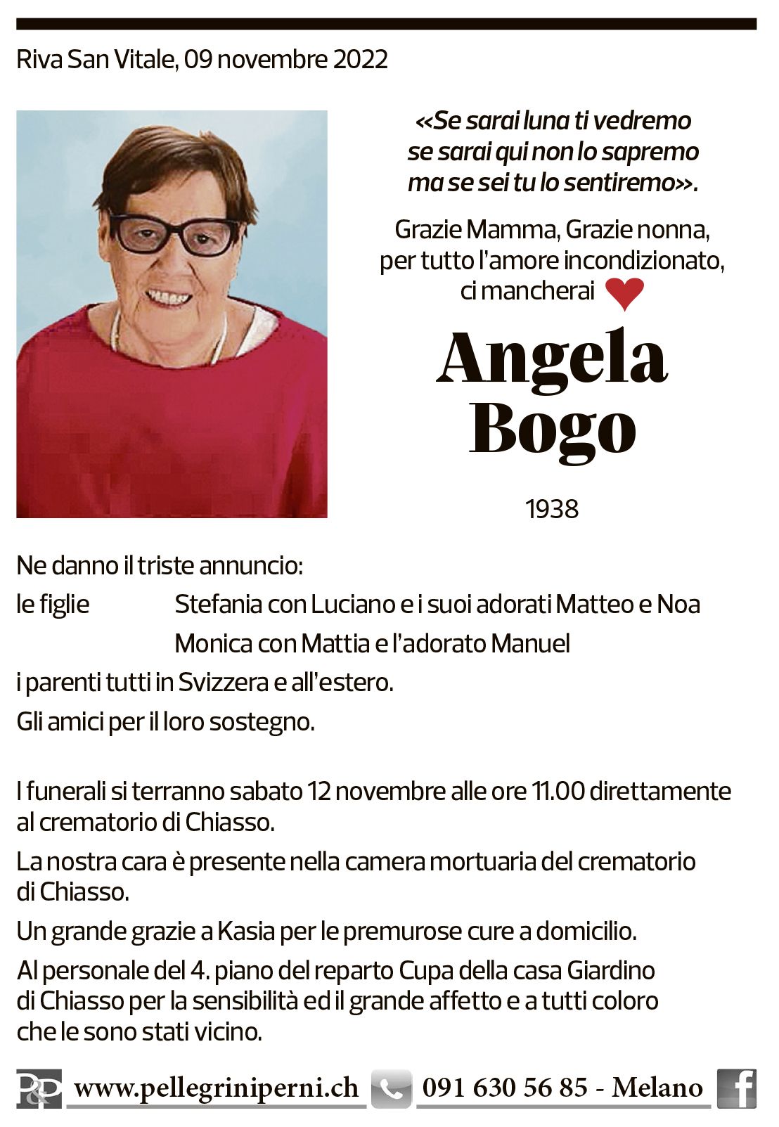 Annuncio funebre Angela Bogo