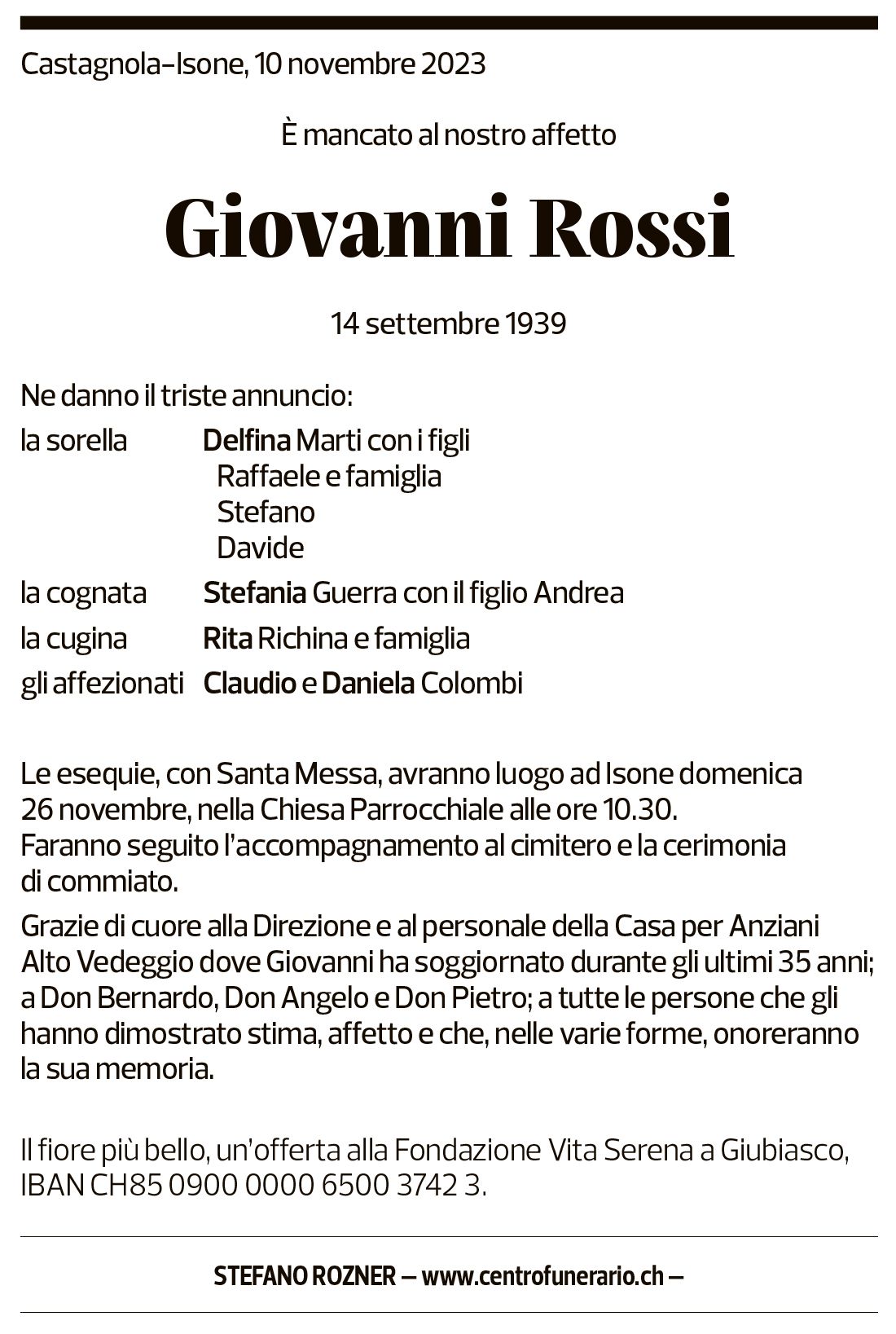 Annuncio funebre Giovanni Rossi