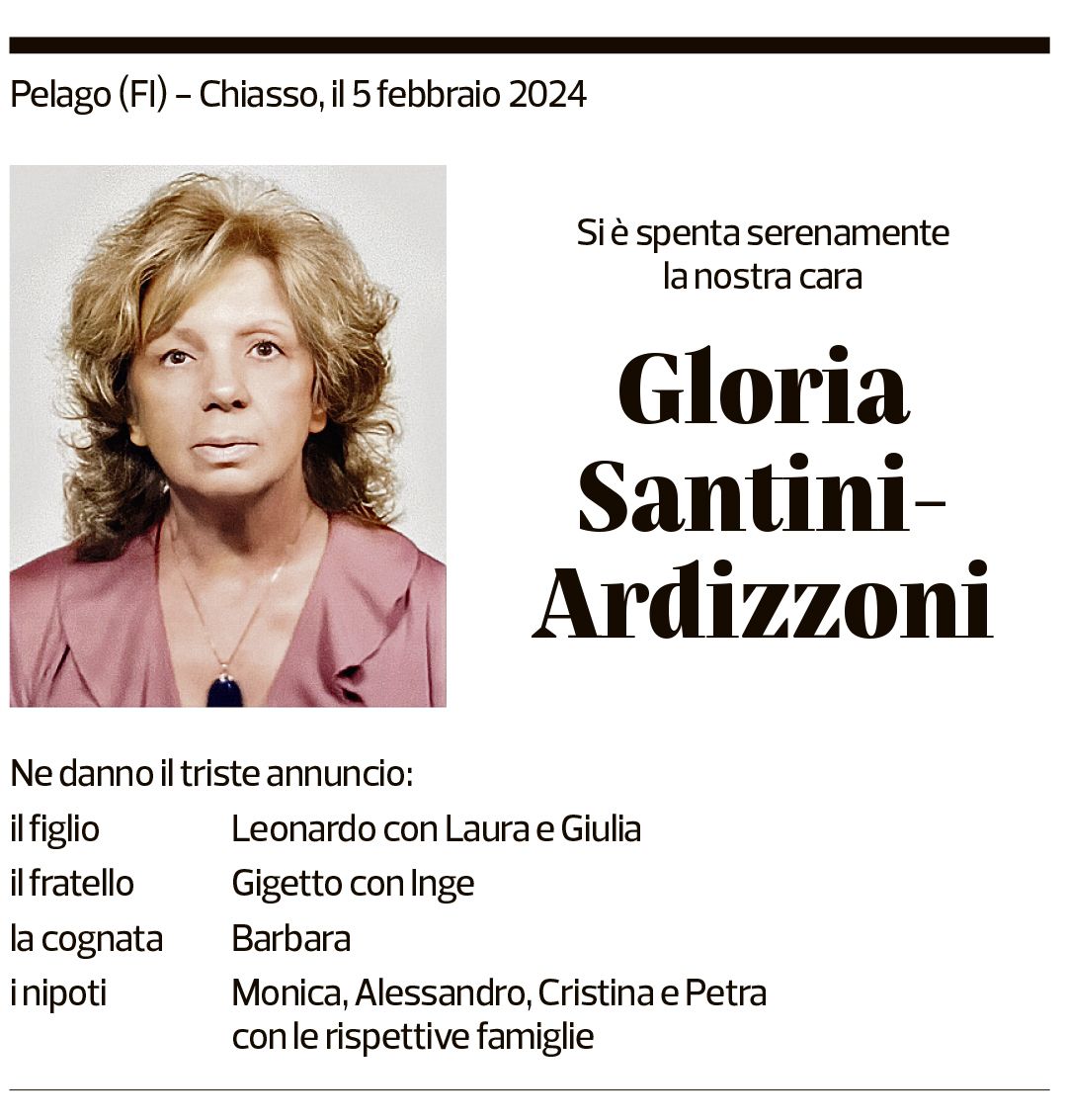 Annuncio funebre Gloria Santini-ardizzoni