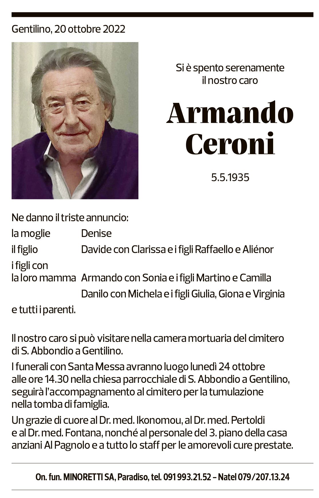 Annuncio funebre Armando Ceroni