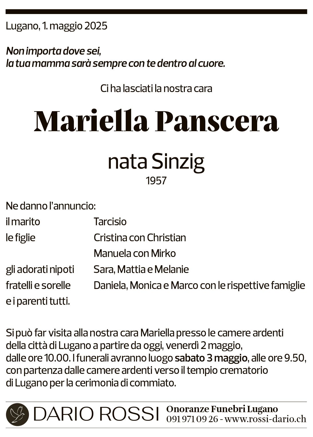 Annuncio funebre Mariella Panscera