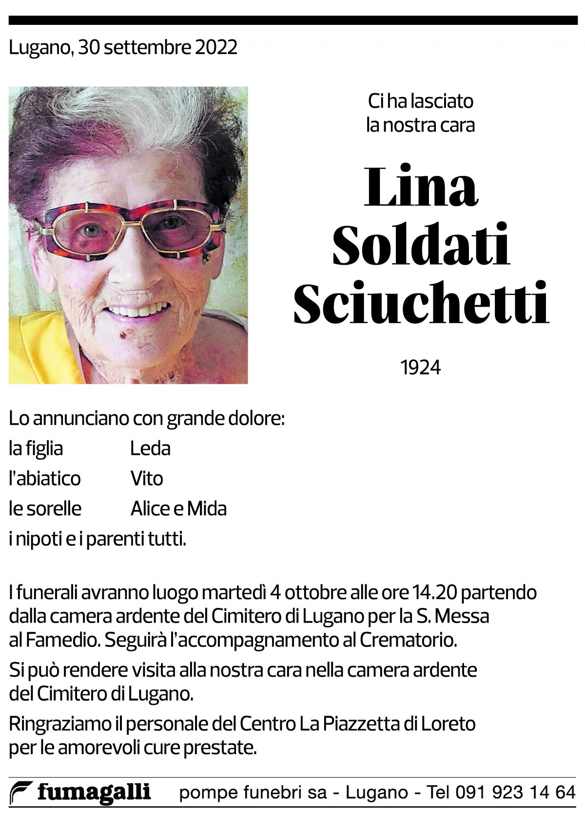 Annuncio funebre Lina Soldati Sciuchetti